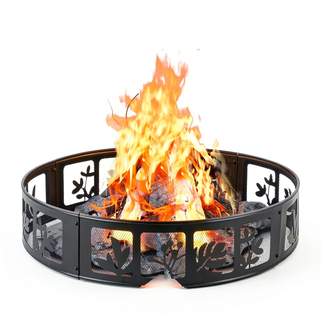 Fire ring set up in a backyard with flames glowing