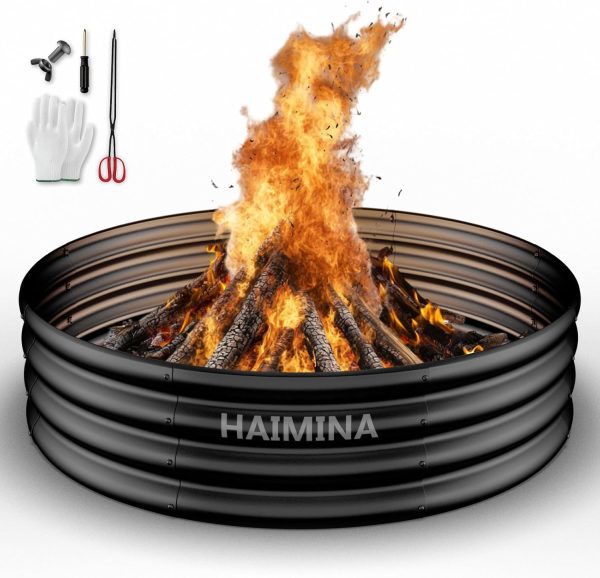 HAIMINA 36 Inch Fire Pit Ring Black Carbon Steel Outdoor-0