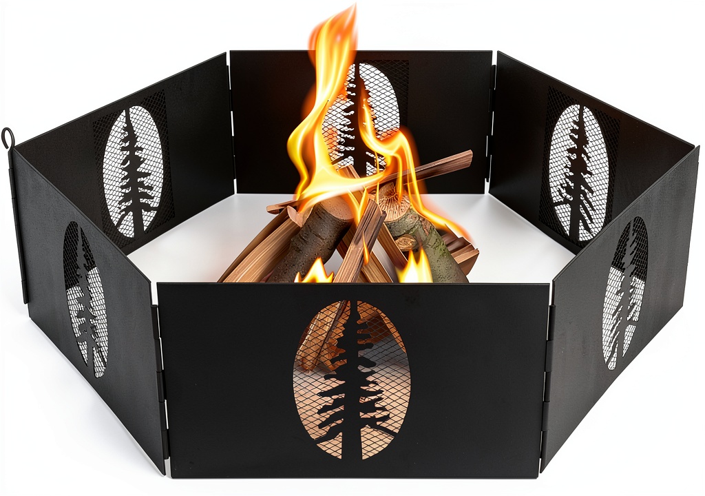 Camco Fire Ring Portable Campfire Steel Design set up on a gravel campsite with a roaring wood fire