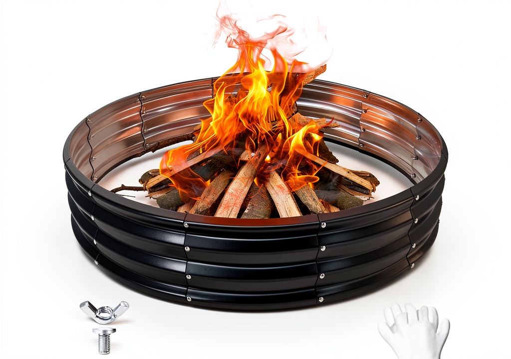 YSEJOMP Black Round Galvanized Fire Pit Ring assembled in a backyard setting